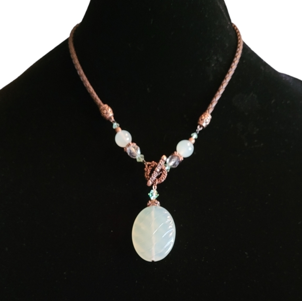 Handmade Braided Leather Copper Toggle Necklace Carved Leaf Glass Pendant Boho‎